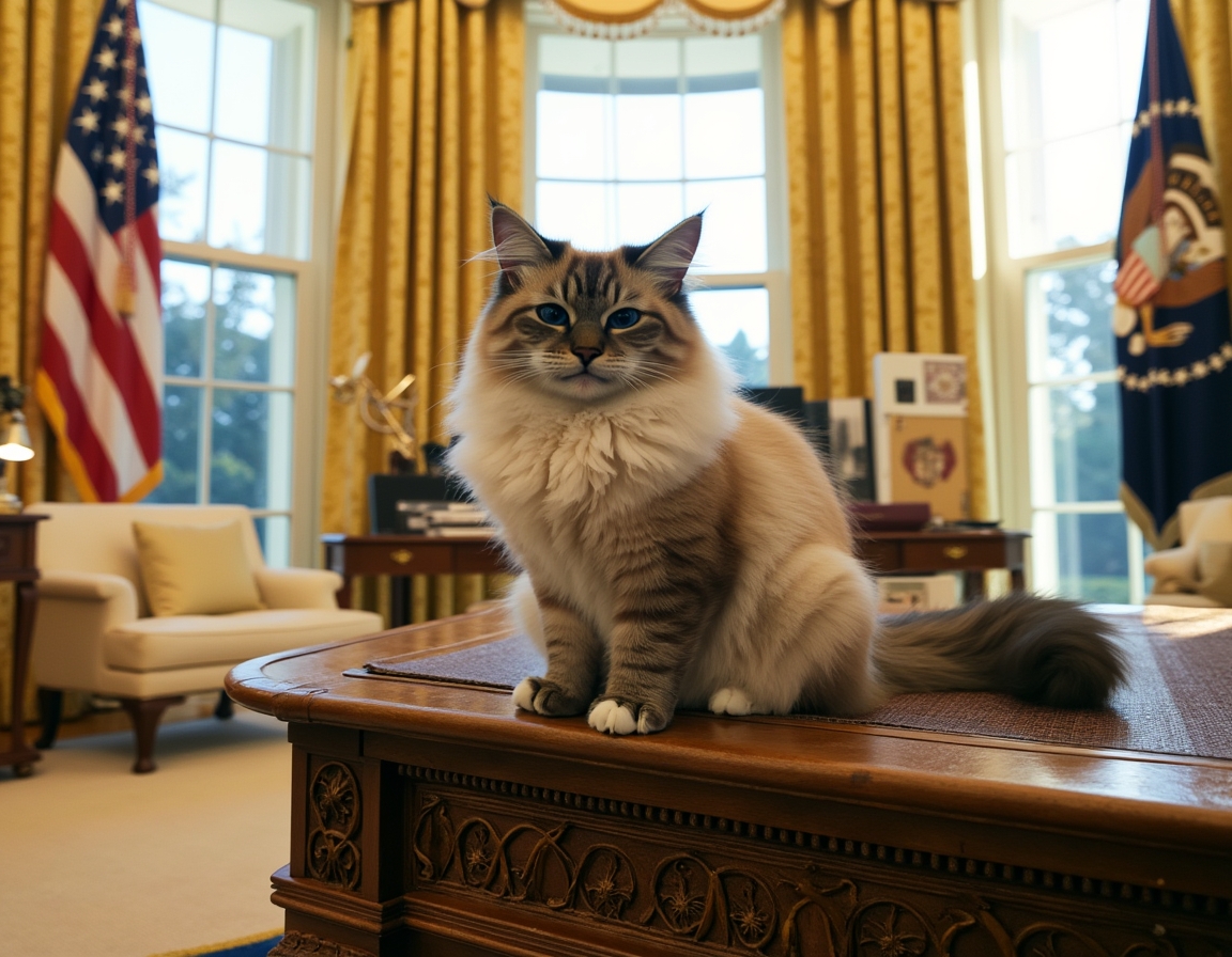Cat perched on the Resolute Desk in the Oval Office, basking in the dignified atmosphere of the new administration.